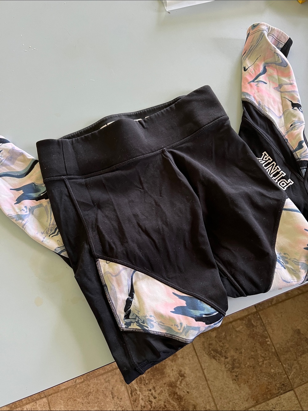 PINK Victoria's Secret Black Leggings w Pastel Marble and Mesh / Reversible S